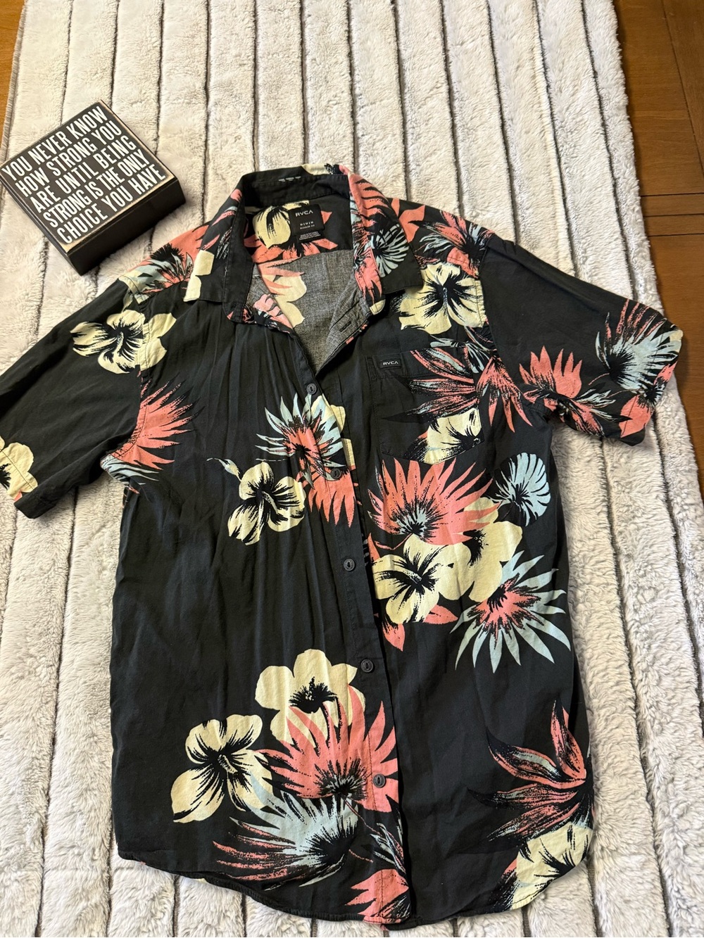 RVCA Black Short-Sleeve Floral Camp Shirt with Coral and Cream Accents